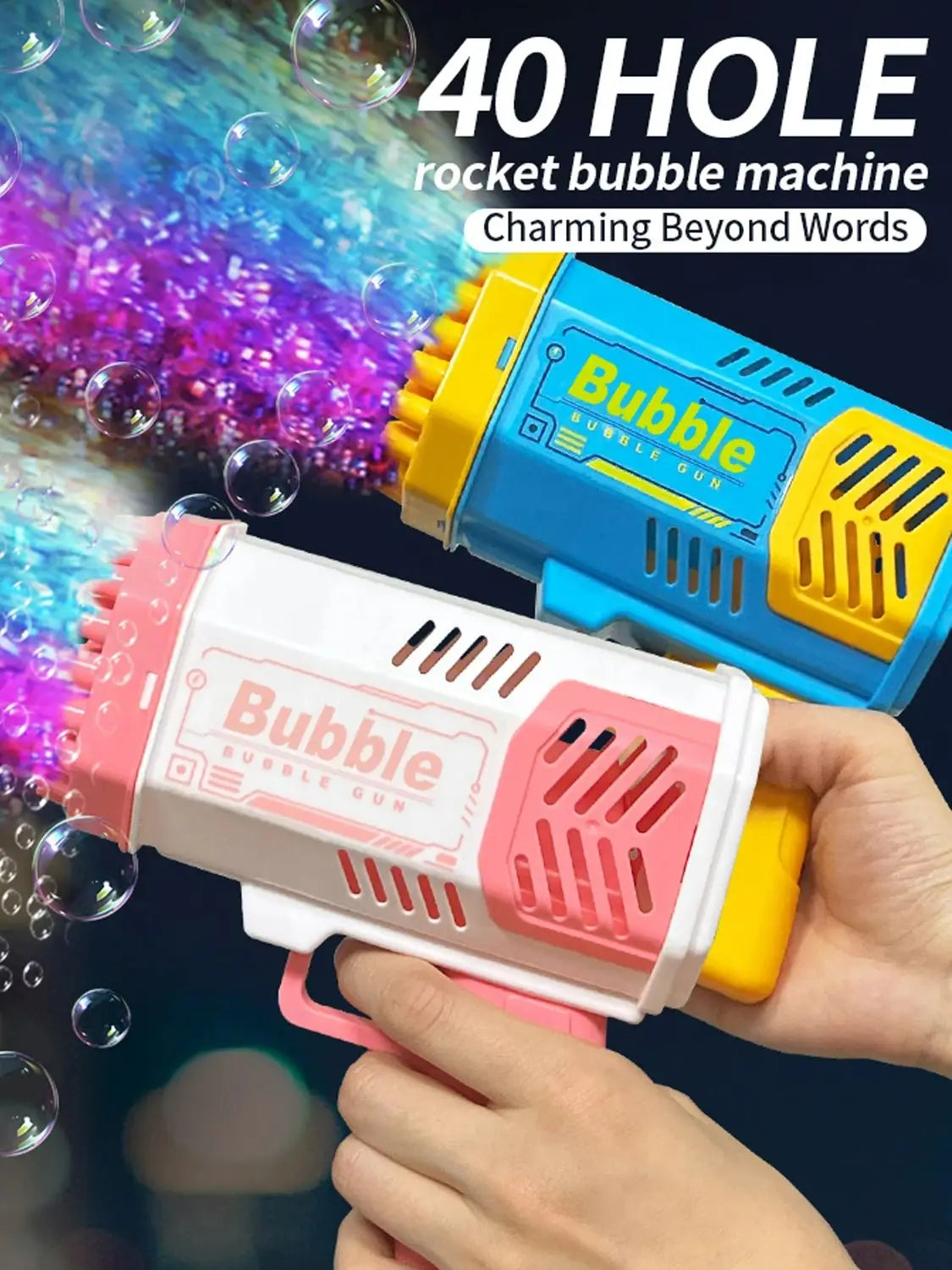 Máquina de bolhas de 40 buracos, totalmente automática, sopradora de bolhas, luz externa, sem bateria, sem bolha de água