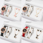 6 pçs/set elemento simples dial quartzo relógio feminino pulseira de látex borboleta colar pulseira brincos anel conjunto jóias presente das meninas