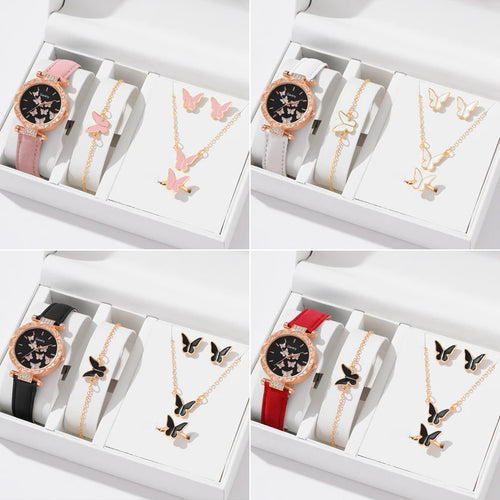 6 pçs/set elemento simples dial quartzo relógio feminino pulseira de látex borboleta colar pulseira brincos anel conjunto jóias presente das meninas