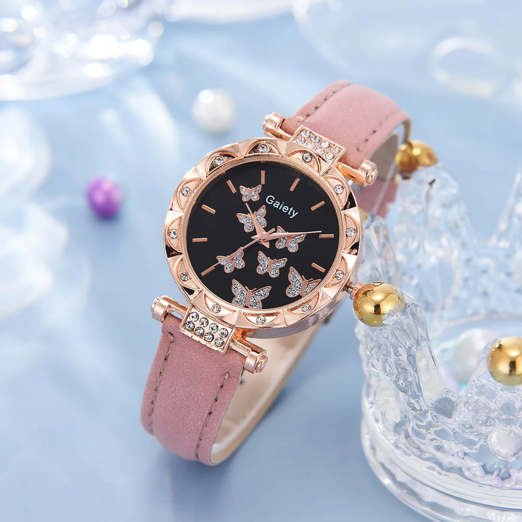 6 pçs/set elemento simples dial quartzo relógio feminino pulseira de látex borboleta colar pulseira brincos anel conjunto jóias presente das meninas
