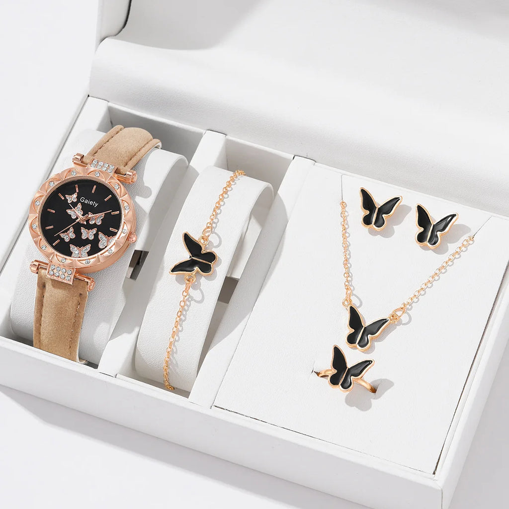 6 pçs/set elemento simples dial quartzo relógio feminino pulseira de látex borboleta colar pulseira brincos anel conjunto jóias presente das meninas