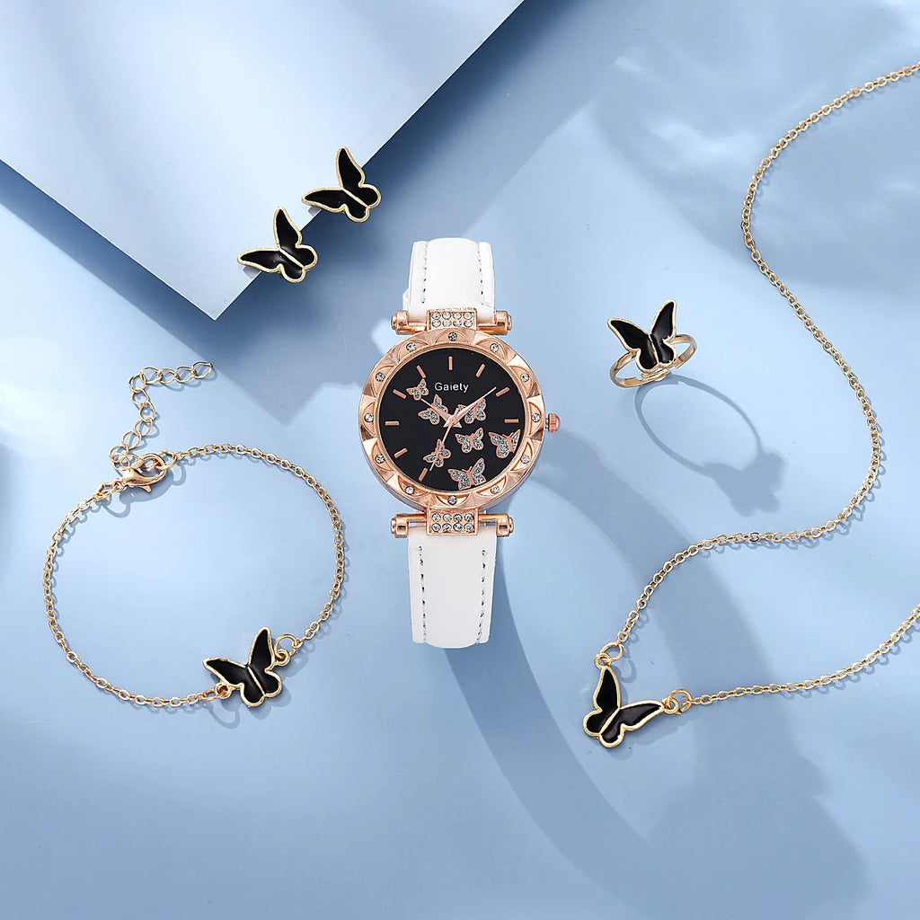 6 pçs/set elemento simples dial quartzo relógio feminino pulseira de látex borboleta colar pulseira brincos anel conjunto jóias presente das meninas