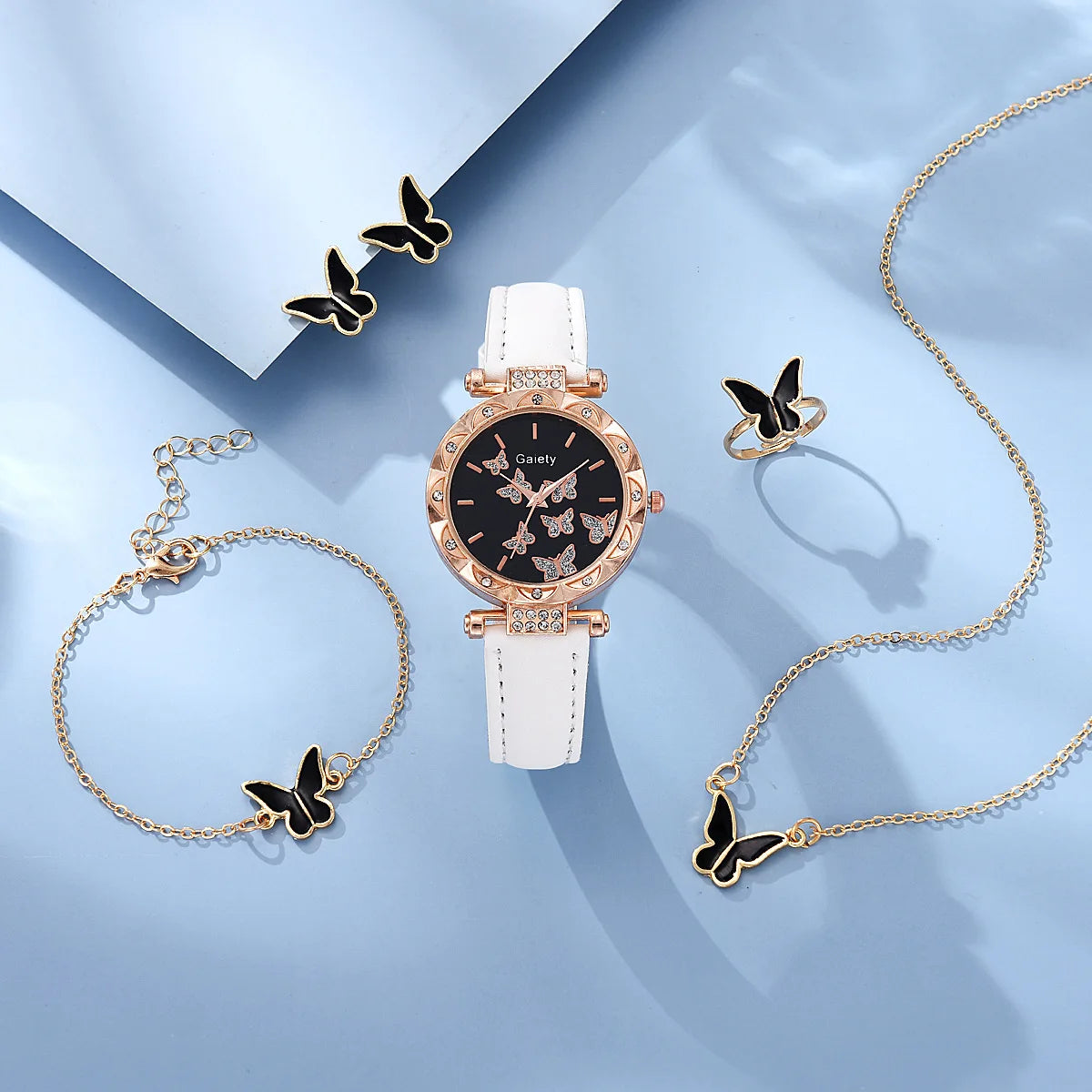 6 pçs/set elemento simples dial quartzo relógio feminino pulseira de látex borboleta colar pulseira brincos anel conjunto jóias presente das meninas
