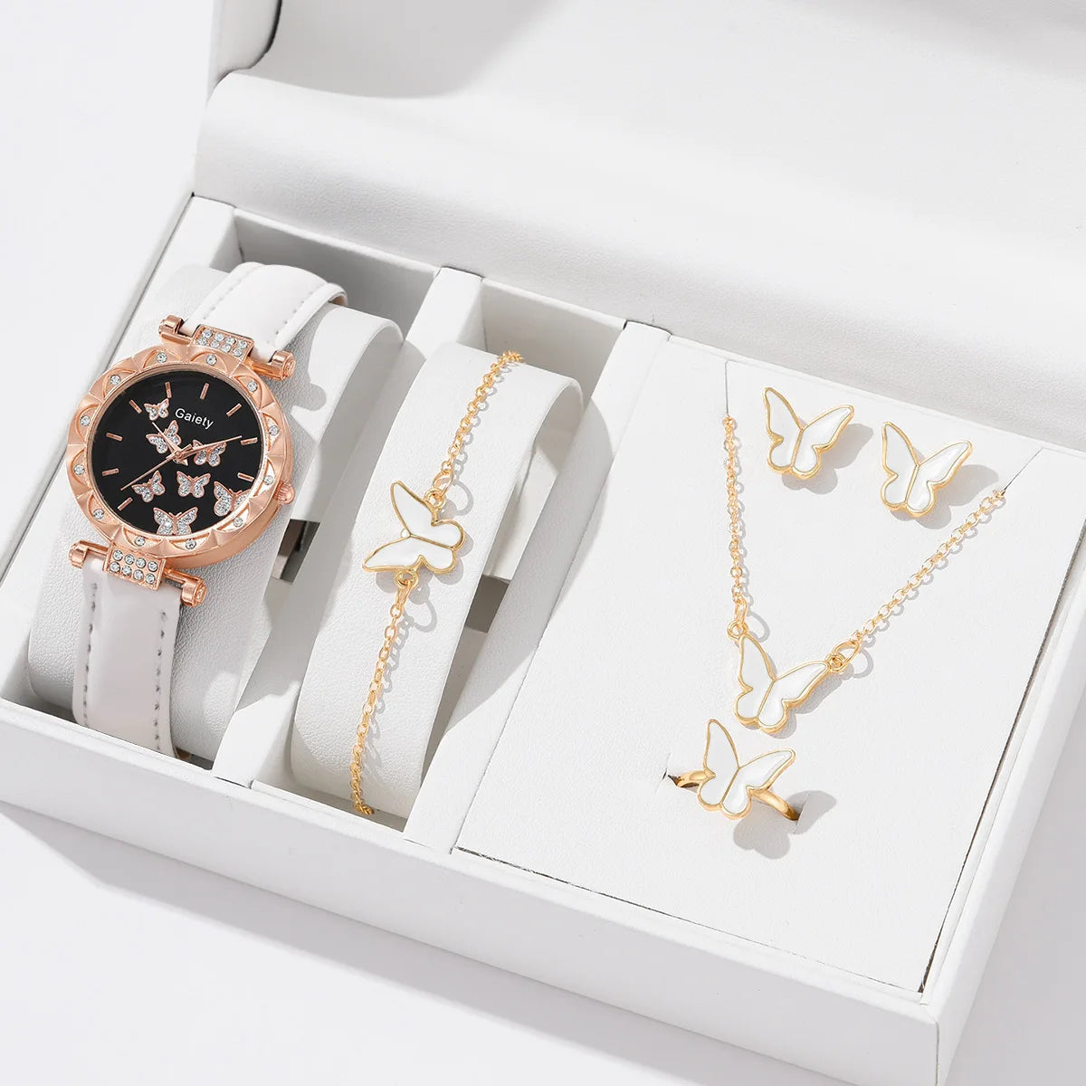 6 pçs/set elemento simples dial quartzo relógio feminino pulseira de látex borboleta colar pulseira brincos anel conjunto jóias presente das meninas