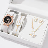 6 pçs/set elemento simples dial quartzo relógio feminino pulseira de látex borboleta colar pulseira brincos anel conjunto jóias presente das meninas