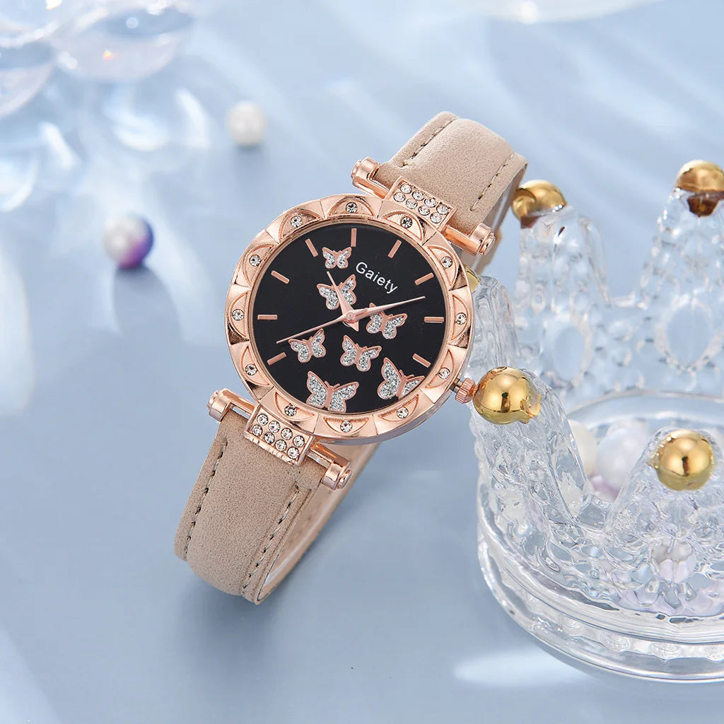 6 pçs/set elemento simples dial quartzo relógio feminino pulseira de látex borboleta colar pulseira brincos anel conjunto jóias presente das meninas