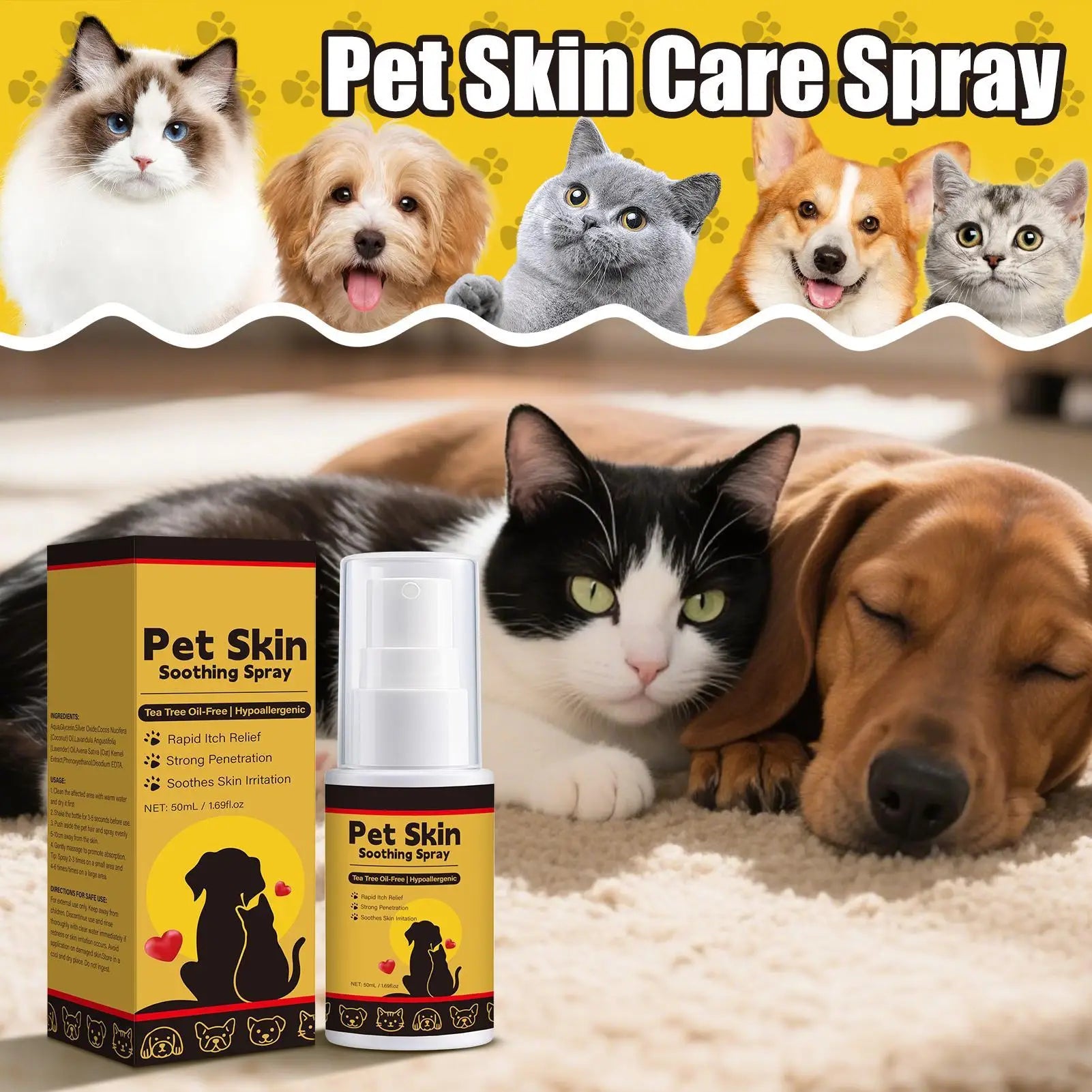 Spray para alívio de coceira para animais de estimação - Condicionador calmante de pele para gatos, spray para gatos de 50ml para aliciamento, hidratação e cuidados com feridas