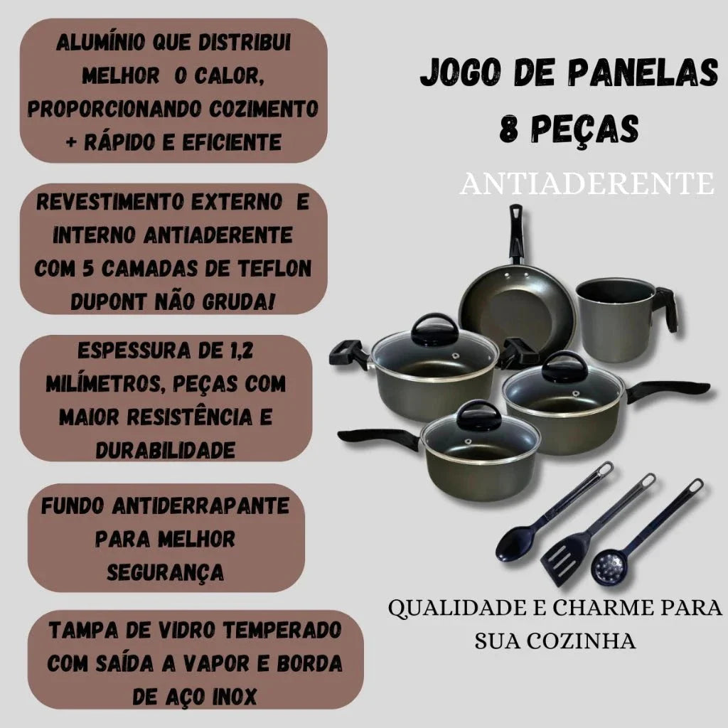 Jogo de Panelas 8 Peças Antiaderente Com Tampa Vidro