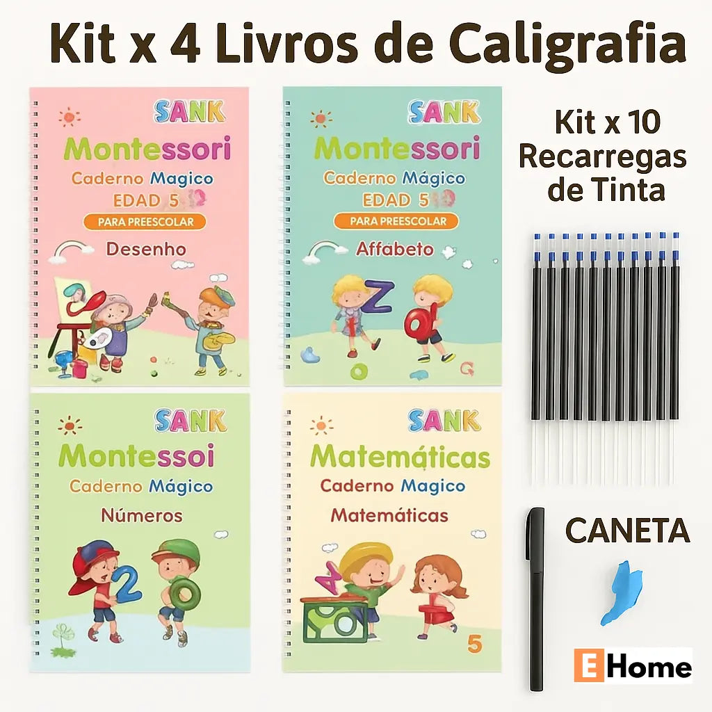 Kit x 4 Livros de Caligrafia com Tinta Mágica Reutilizável